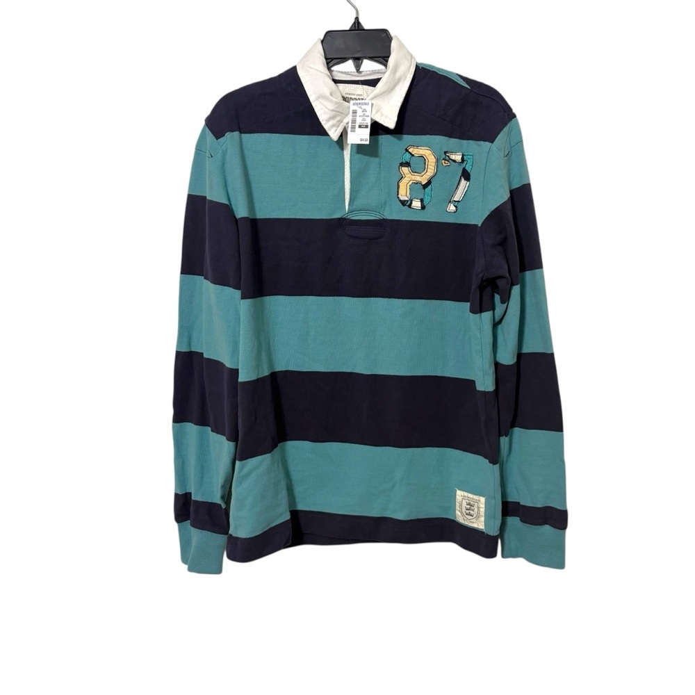 NEW Aeropostale Men’s Medium Teal Blue Striped Rugby Long Sleeve Polo Shirt‎ Y2K